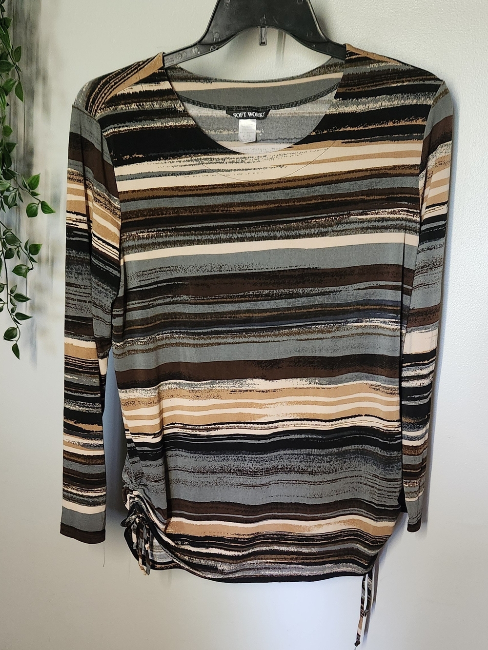 Soft Works Long-Sleeve Brown Tan Gray Neutrals Striped Cinch Top Womens XL